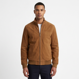 Wholesale <b>Men</b> <b>Suede</b> Varsity Bomber <b>Jacket</b> Tan Stand Collar Flight Coat Custom Slim Fit Ribbed Trim Eco-Friendly Windproof Satin - Product Image 1