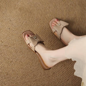 Sandales plates décontractées à bout ouvert et carré, avec nœud, couleur unie, style coréen, sexy, pour femme, en cuir souple, antidérapantes, avec lanières avant et arrière - Product Image 3