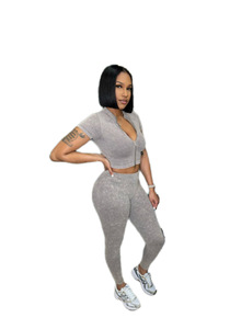 Primavera otoño mujeres <span class=keywords><strong>Biker</strong></span> conjuntos algodón Crop <span class=keywords><strong>chaqueta</strong></span> Top y pantalones cortos 2 piezas conjunto señora Y2K Yoga dos piezas Jogger pantalones conjuntos para mujer - Product Image 4