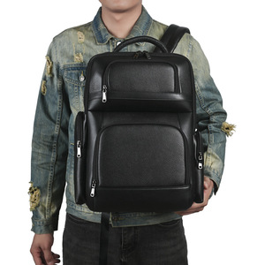 Men's Business <b>Backpack</b> Genuine Leather 16-Inch Laptop Bag Large Capacity Travel Bag Solid Color <b>Black</b> - Product Image 1