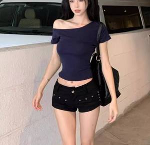 Custom Logo Off Shoulder Cropped T-Shirts <strong>Navy</strong> <strong>Blue</strong> Slim Fit Short Sleeve Casual <strong>Crop</strong> <strong>Tops</strong> for Streetwear Women's T-shirt - Product Image 2
