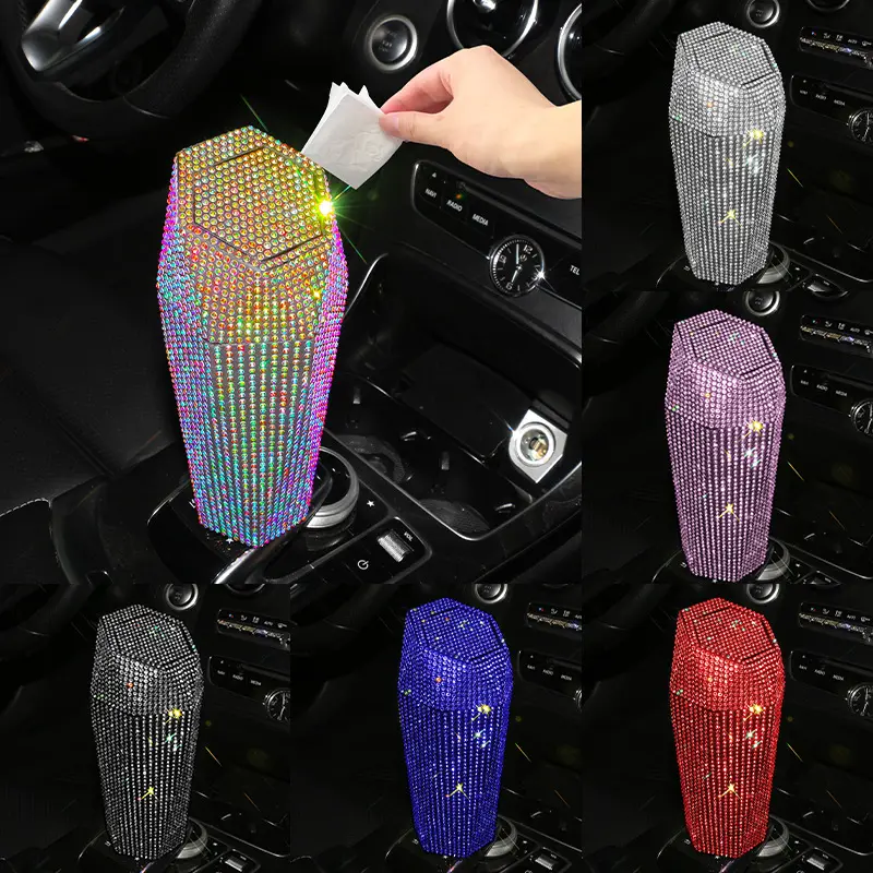 Bling Style Plastic Car Bin Trash Containers Diamond-shape Mini Office Storage Box Portable Car Garbage Can With Lid