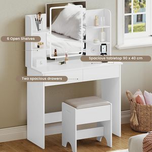 Table de toilette moderne et écologique avec miroir à LED à intensité variable, <span class=keywords><strong>2</strong></span> ports de charge USB, <span class=keywords><strong>2</strong></span> tiroirs, 6 étagères en bois - Product Image 3