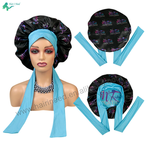 Custom logo Double Layer <strong>Bonnet</strong> With Edge Control Wrap Tie extra Large Soft Silk Bling <strong>Bonnet</strong> - Product Image 4