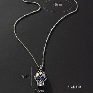 Skull Gemstone <b>Necklace</b> Zinc Alloy Antique Silver Sapphire Bezel Setting Themed Pendant Hip Hop Chain Fashion Jewelry - Product Image 2