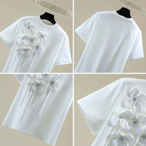 Camiseta de manga corta con borlas y flores para mujer, top elástico de cuello redondo, holgado y de ocio, a la moda. - Product Image 3
