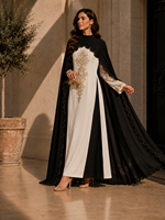 Robe Abaya Dubaï pour femmes, design marocain modeste et magnifique, perles, ensemble 2 pièces, Jalabiya avec châle à volants en mousseline de soie de qualité supérieure