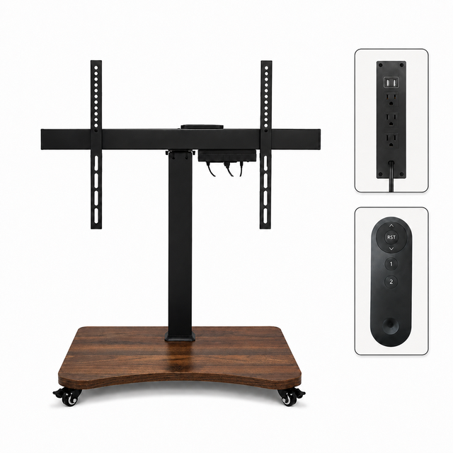 Rolling Motorized TV Stand with Power Outlets for 32-75 Inch TVs Black Swivel Portable Cart Metal Wood Base Height Adjustable
