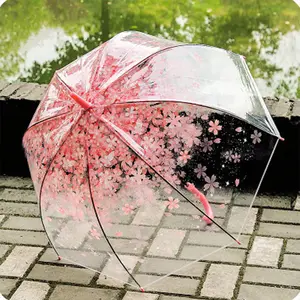 Payung Sakura Jernih Lurus Payung Transparan Pvc Ceri Jepang untuk Hujan Romantis