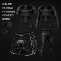 Ensemble 4 pièces noir et argent : short de boxe, maillot de compression, pantalon d'entraînement MMA 100% polyester extensible à séchage rapide, logo personnalisé OEM ODM