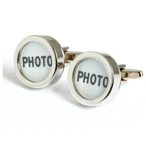Personalized Silver Plated Custom Logo Men Shirt Jewelry Round Brass Photo Frame Cufflinks