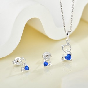 925 plata esterlina azul real <span class=keywords><strong>Zirconia</strong></span> sintética gato corazón colgante collar Stud pendientes conjunto joyería regalo para mujeres y niñas - Product Image 3