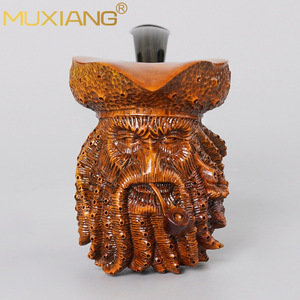 Muxiang Davy Jones Briar Wood Pipe Octopus Style Bent Type Tobacco Pipe Bronze Colored Carved Bull Horn - Product Image 3