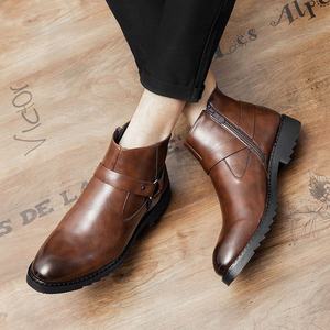 Chaussures à enfiler élégantes de créateurs, confortables, à double boucle, en cuir noir, bottes d'hiver pour hommes, plates, à la cheville - Product Image 5