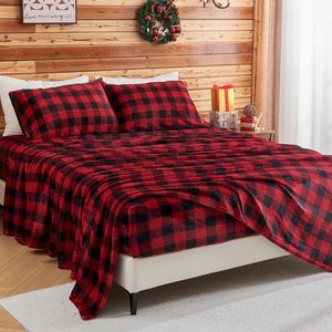 Ensemble de literie en <span class=keywords><strong>flanelle</strong></span> pour lit queen size, ensemble de literie de Noël à carreaux rouges et noirs de luxe, draps en polaire super doux et chauds, 4 pièces - Product Image 1