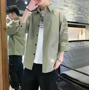 Мужская рубашка из чистого хлопка, Однотонная рубашка в Корейском стиле, повседневная трендовая рубашка для молодых красивых мужчин, модная Гонконгская рубашка с рукавами в 7 точек