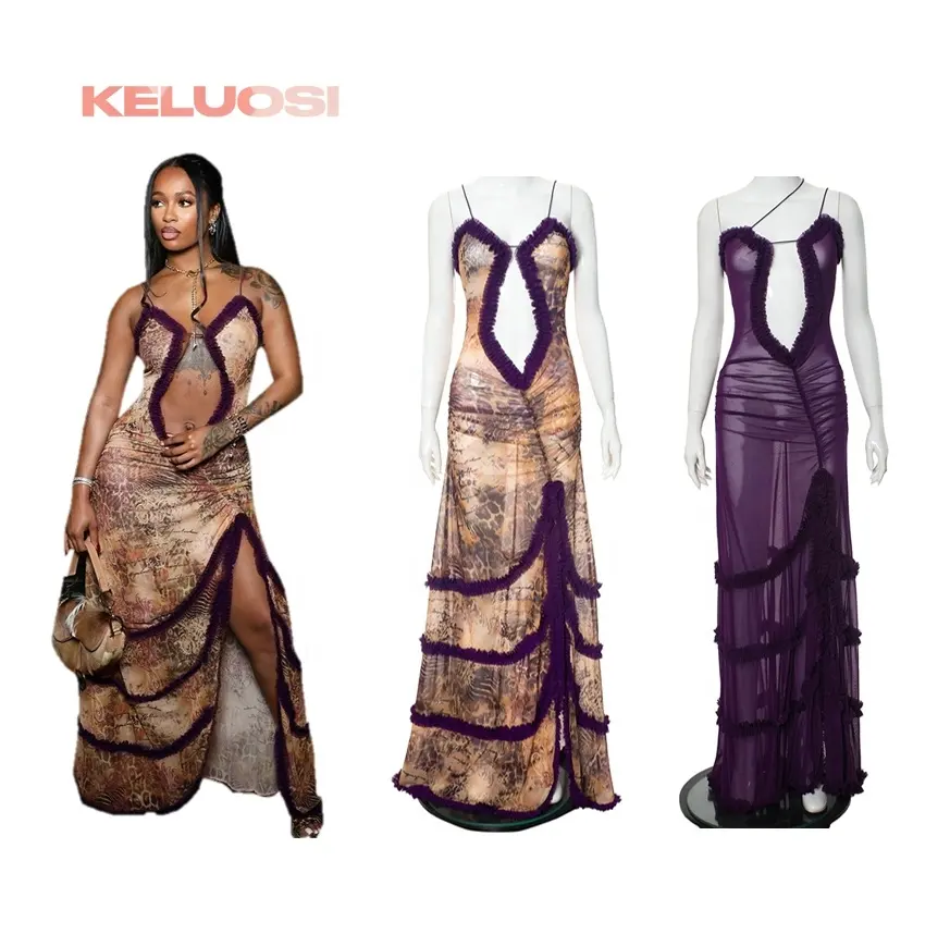 Nieuw Binnen Slanke Riem Holle Sexy Party Night Club Gedrapeerde Jurken Dames Backless Shirred Split Dress Vrouwen 2024