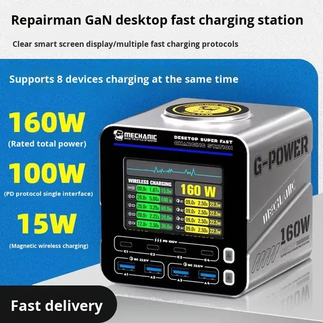 GaN 160W Desktop Fast Charger with Display for Phones Tablets Laptops Multi-Port