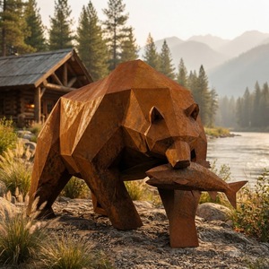 Grande Scultura Orso <span class=keywords><strong>Grizzly</strong></span> in Acciaio Corten, Orso Geometrico Low Poly con Statua di Pesce, Decorazione da Giardino Esterno, Arte in Metallo Arrugginito per Prato - Product Image 2