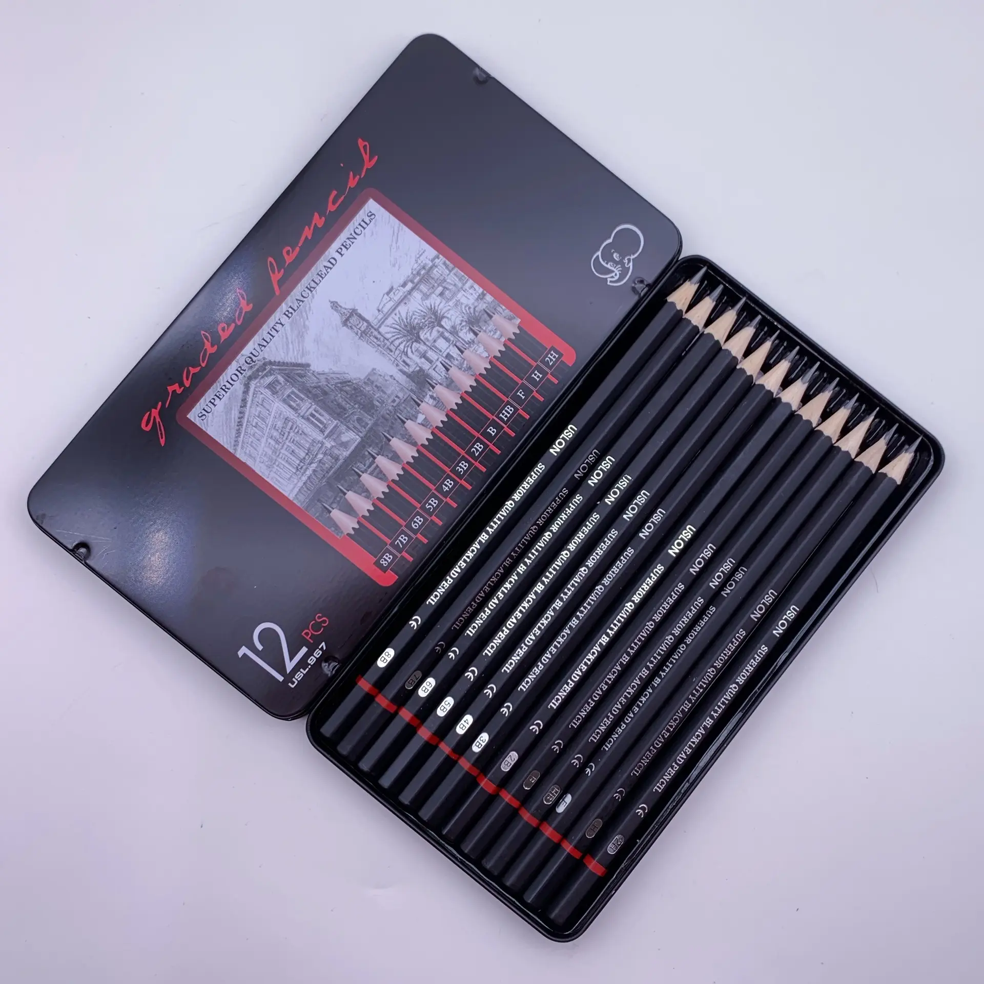 Metal Tin Box 12 Pcs Sketching Pencil Art Set 8B 7B 6B 5B 4B 3B 2B B HB F H 2H Drawing Pencil Sketch Pencil Set