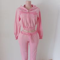 Ensemble survêtement deux pièces pour femme, vintage, streetwear, en molleton de coton, avec patch brodé personnalisé, comprenant un sweat à capuche court zippé et un pantalon de survêtement, hiver