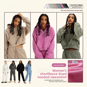 Sweat-shirt à capuche rétro américain pour femme, taille <span class=keywords><strong>plus</strong></span>, 345 grammes, vêtements de printemps, doublé en polaire, épaissi, haut court tendance - Product Image 2