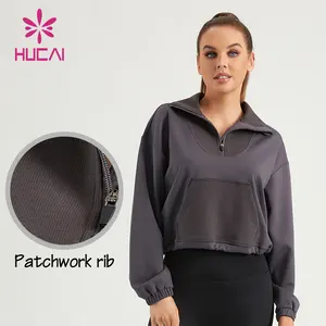 HUCAI Custom Logo Womens Grey 4 Quarter Zip Adjustable Hem Air Cotton Patchwork Rib Oversized Sports Gym Crop Sweatshirt