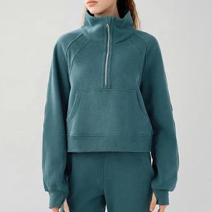 Vêtements de fitness T-shirt à manches longues personnalisé haut de Yoga pour les femmes col haut épaissi demi fermeture éclair sweat avec trous pour les pouces - Product Image 1