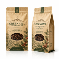 Sachet de café personnalisé en papier kraft avec fenêtre ovale, fermeture éclair et valve, imprimé, pour l'emballage de grains entiers destinés aux torréfacteurs biologiques