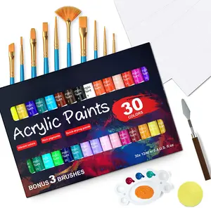 30 colors 12ml with 10 brushes & 3 Painting Canvas 1 Paint Knife Palette Sponge, non-toxic acrylic paint set for artists