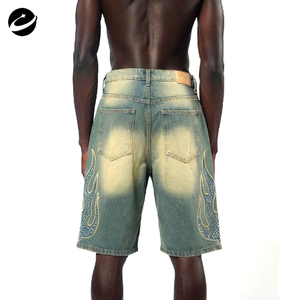 許昌オリジナルカスタムデニムジーンズショーツストリートウェアメンズ100％コットンバギーラインストーンクリスタルアシッドウォッシュジョーツメンズ - Product Image 3