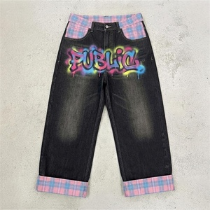 Pantalones Vaqueros de Mezclilla para Hombre, Estilo Streetwear, Corte Recto, Cintura Alta, Holgados, con Estampado de Grafiti Personalizado OEM, de Algodón de Peso Medio, con Parches - Product Image 1