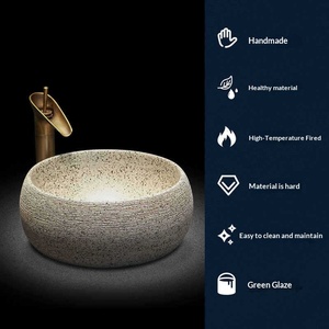 Lavabo de salle de bain rond à poser, style artistique vintage et nouveau style chinois, sans poignée de robinet, pour balcon, vasque simple - Product Image 4