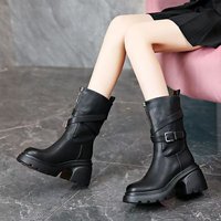 Bottes pour femmes à talon épais et semelle compensée, style européen et américain, mi-mollet, doublure en microfibre, avec boucle, vente en gros d'usine