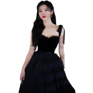 European And American Style Women's Black Velvet Halter Evening Dress Ball Gown One Shoulder Mid Length Graduation Party Dress - Product Image 5