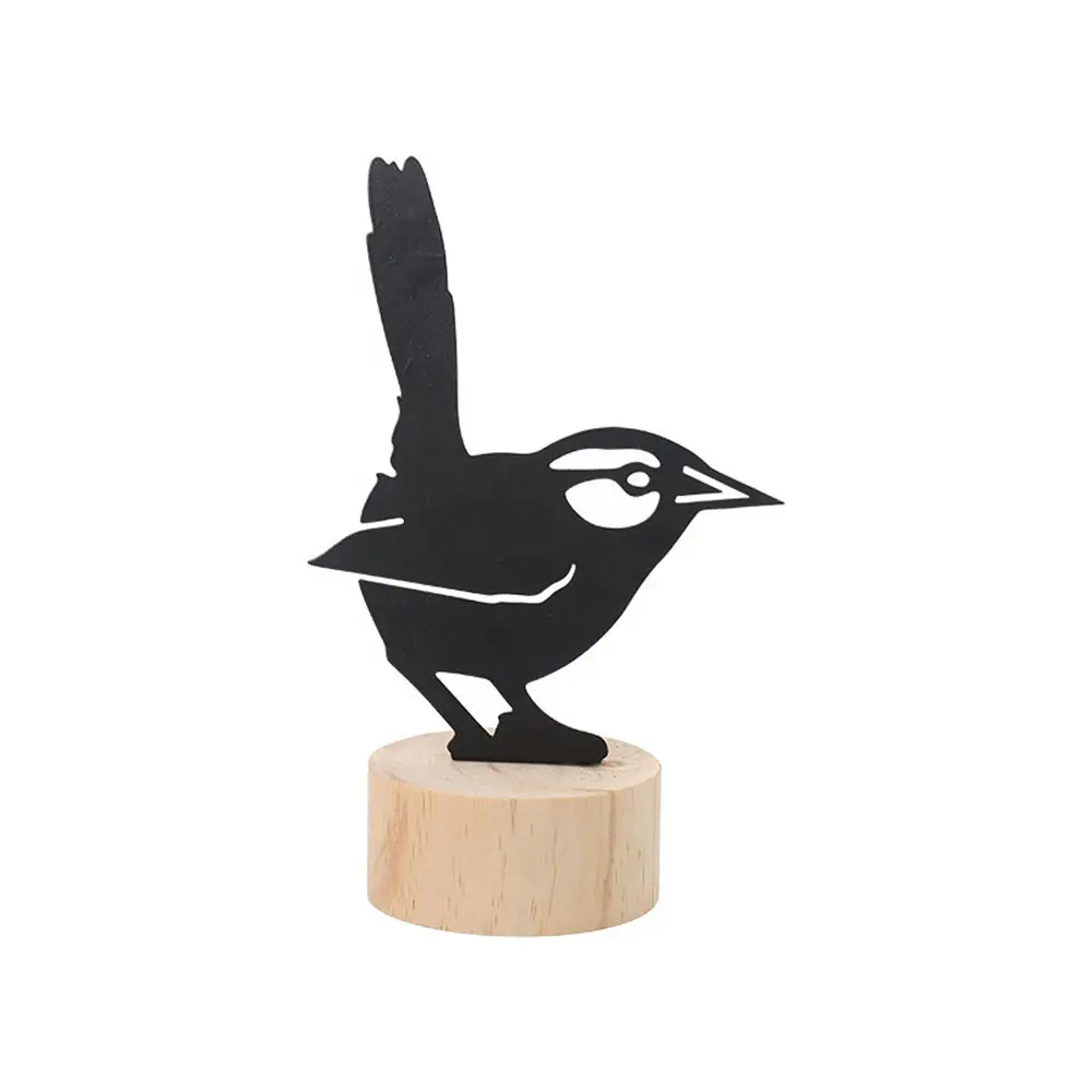 バードノートホルダークリエイティブ中空小さな黒い金属の鳥、メッセージペーパーデコレーションテーブルオフィスデスクの装飾用の木製ベース