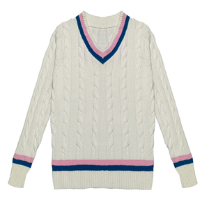 Jersey personalizado de manga larga con cuello en V y ribete de Color en contraste para mujer, suéter de punto de algodón verde rosa 7gg de OEM - Product Image 5