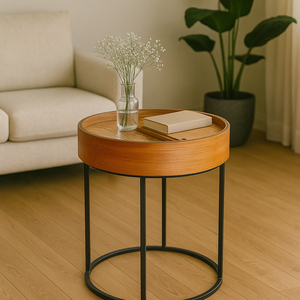 Table basse ronde moderne en placage de frêne MDF écologique et durable avec cadre en métal pour salon prix de gros - Product Image 1