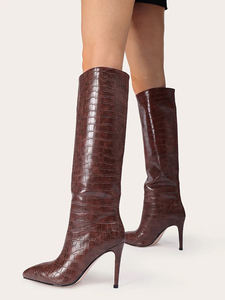 רטוב במפעל הסיטונאי נשים stitto bities 10 ס "מ הברך עקבים גבוהים ברך מגפיים חומים pu תנין רחב מגפי עגל - Product Image 6