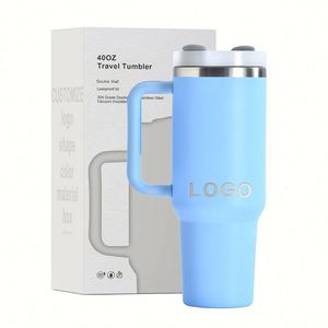 Gobelet isotherme personnalisé de 40 oz en acier inoxydable à double paroi, tasse à café isolée sous vide de 40 oz, tasse de voyage pour voiture avec poignée et couvercle à paille - Product Image 1
