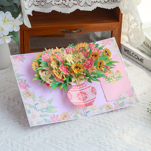 Nouvelle conception de carte de vœux 3D pop-up pour la fête des mères avec des fleurs de tournesol et de lys, impression UV et estampage doré pour maman et professeur - Product Image 3