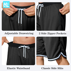 Kustom celana pendek basket pria Logo bordir lapisan tunggal poliester antilembap bahan kantung ritsleting hitam basket - Product Image 5
