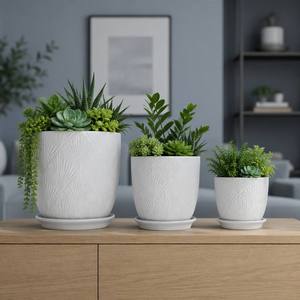 Set di Vasi in Ceramica Bianca con Vassoio, Fioriere Moderne Texturizzate <span class=keywords><strong>per</strong></span> Ordini all'Ingrosso, Decorazione Casa e Giardino - Product Image 1