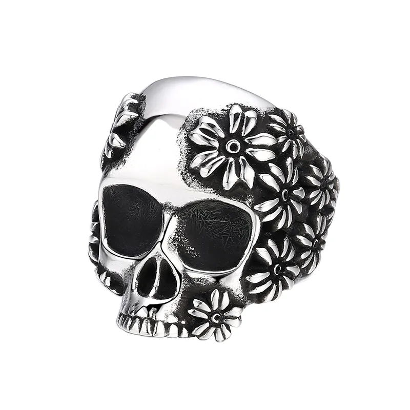 S925 Silver Men's Personality Rose Skull Open Ring Vintage Punk Rock Style Food Ring