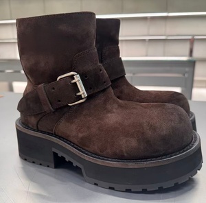 Women Vintage Washed Suede Mid Calf Biker <b>Boots</b> Metal Buckle Decor Chunky Platform Motorcycle <b>Boots</b> Street Fashion Shoes - Product Image 4