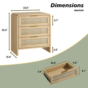 <b>Rattan</b> Nightstand 3 Drawers 22.8 Inch Wide Curved Wooden <b>Bedside</b> <b>Table</b> Modern Storage For Bedroom Natural Oak - Product Image 4