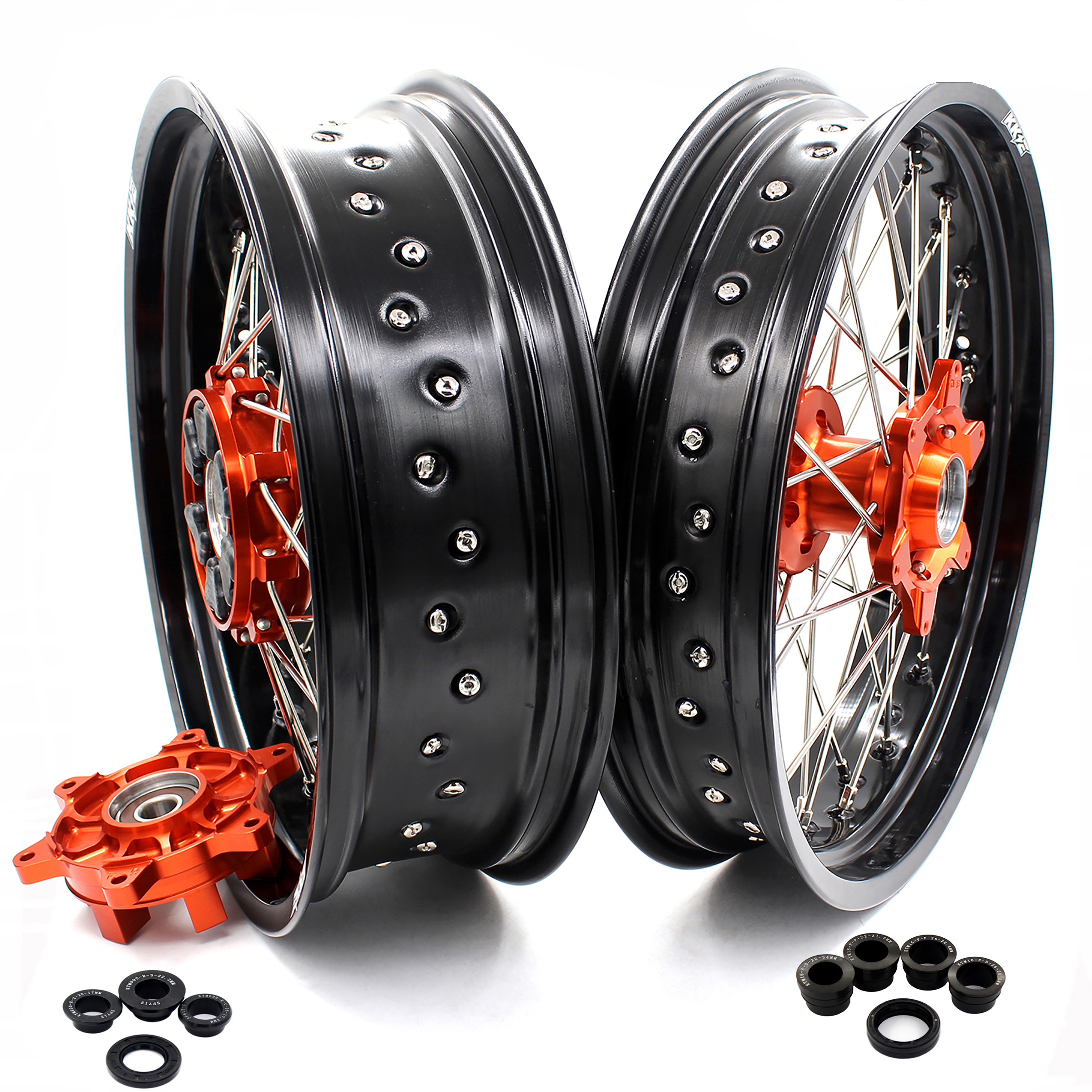 Комплект колес KKE для мотоцикла 3,5/4,25 гоночного Supermoto Cush, совместим с KTM690 EXC SMC Enduro R 03-21, оранжевая Ступица с черным ободом