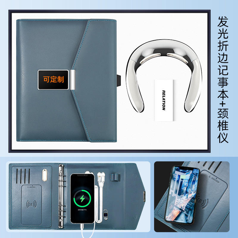 พาวเวอร์แบงค์ LED ไร้สายแบบพับเดี่ยว พร้อมแหล่งจ่ายไฟในตัว 8kW และแฟลชไดรฟ์ USB 32GB; ชุดนวดคอ F6 สองชิ้น -- สีฟ้า