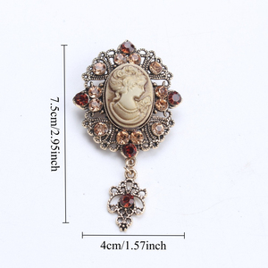 <span class=keywords><strong>Broche</strong></span> vintage avec portrait féminin en relief, cadre en <span class=keywords><strong>or</strong></span> antique, strass rouge-brun et pendentif orné - Product Image 4