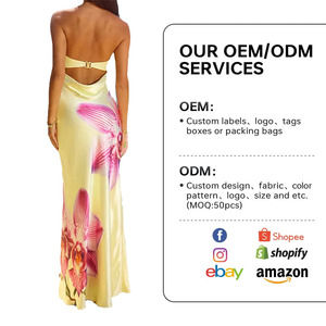 Vestido Halter Personalizado 4063 con Espalda Descubierta en Satén Amarillo, Estampado de Orquídeas, Elegante Vestido de Noche para Playa Tropical, ODM - Product Image 2